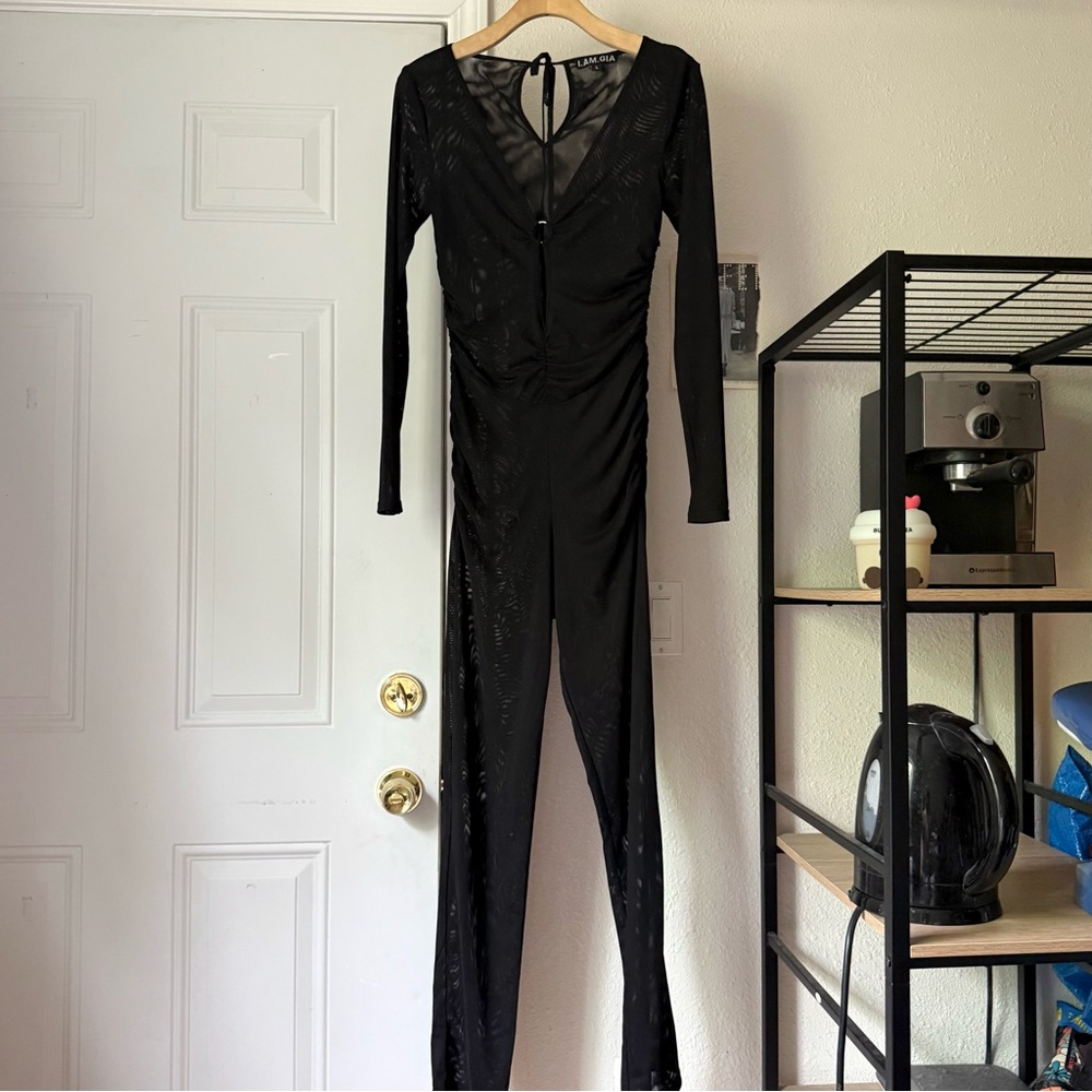 I AM GIA black sheer mesh knit long sleeve one piece jumpsuit